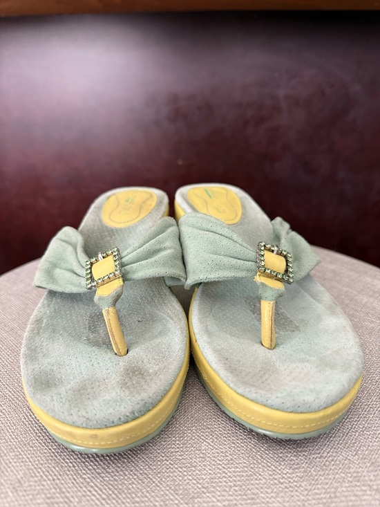 Donald J. Pliner Shoes - Donald J. Pliner Misty Green & Yellow Thong Wedge Sandals with Decorative Buckle